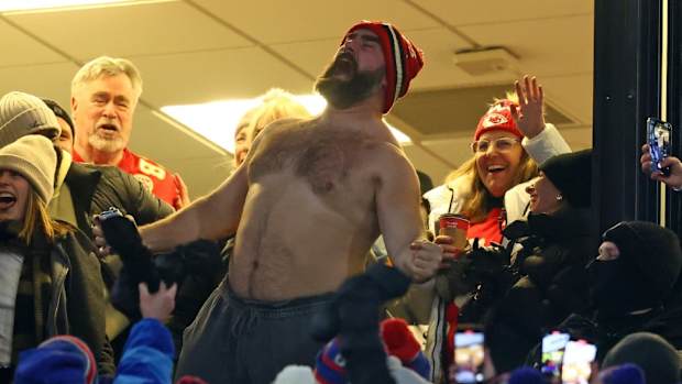 Jason Kelce reacts after the Kansas City Chiefs score against the Buffalo Bills during the first half for the 2024 AFC divisional round game at Highmark Stadium.